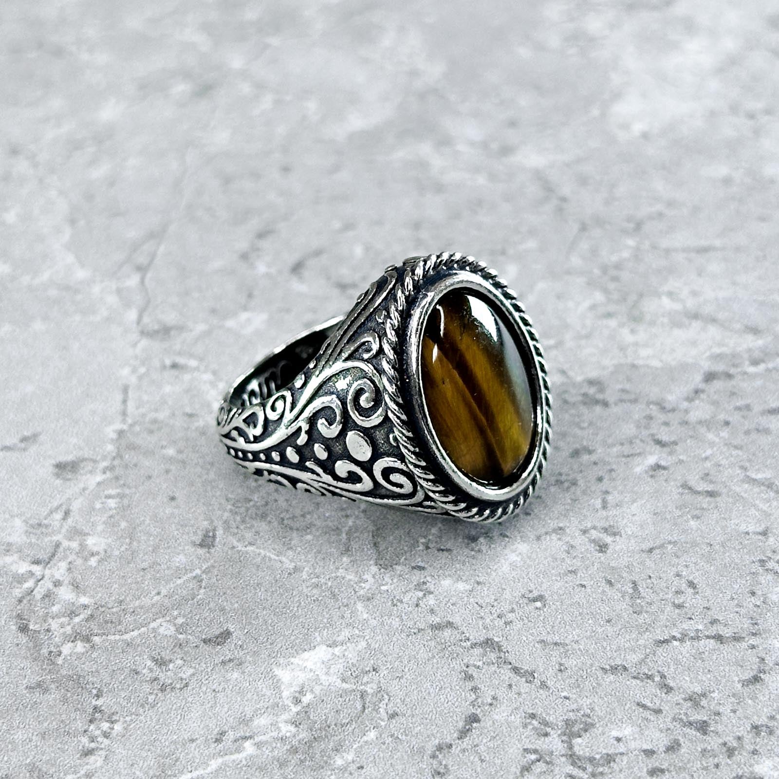 Anello Da Uomo Con Occhi Di Tigre Naturali, Anello In Argento - Foto 9